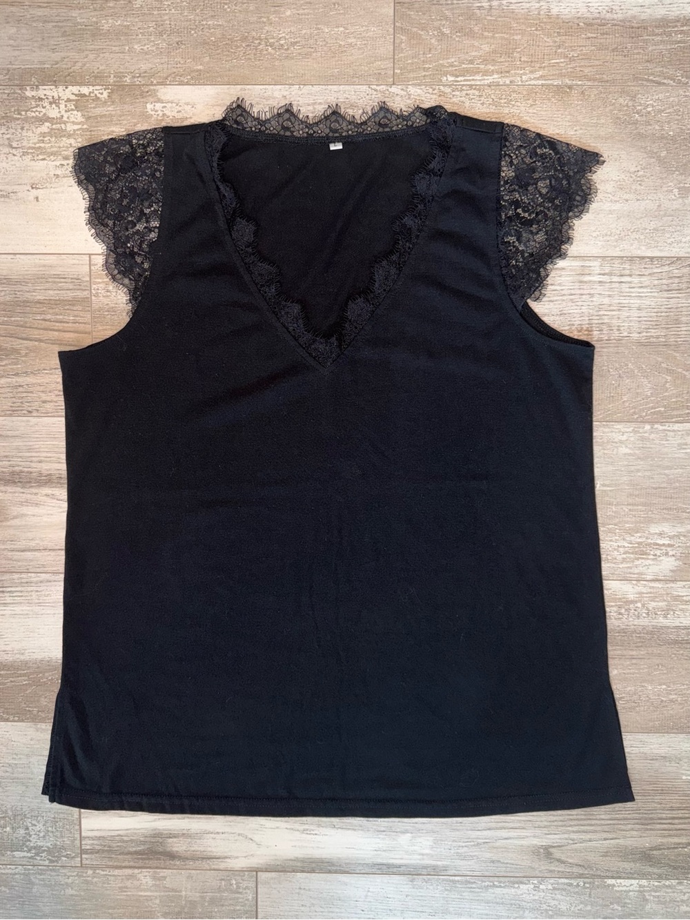 Black V-Neck Lace Trim Cap Sleeve Blouse Top Office Chic Romantic Coquette
